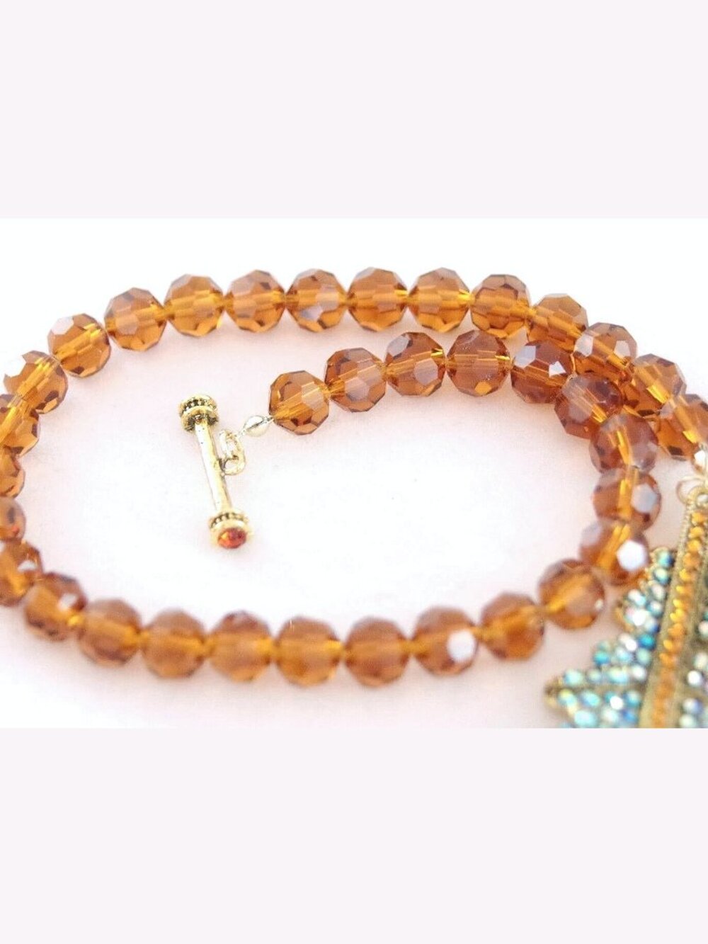 Acorn Toggle Necklace Leaf Amber Tone Glass Beads Rhinestones NWOT Perfect 33032 - Picture 5 of 8